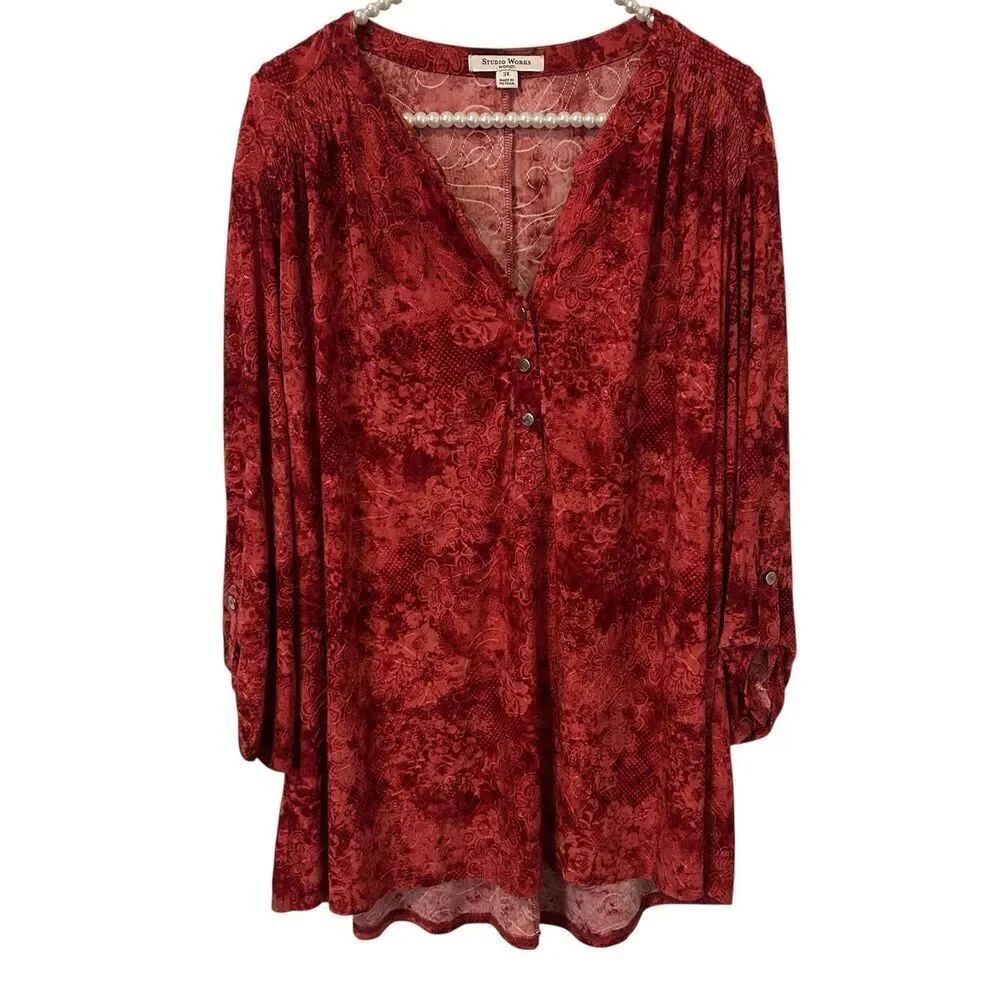 Studio Works Top Womens 3X Red dark Floral artsy grunge romantic office boho
